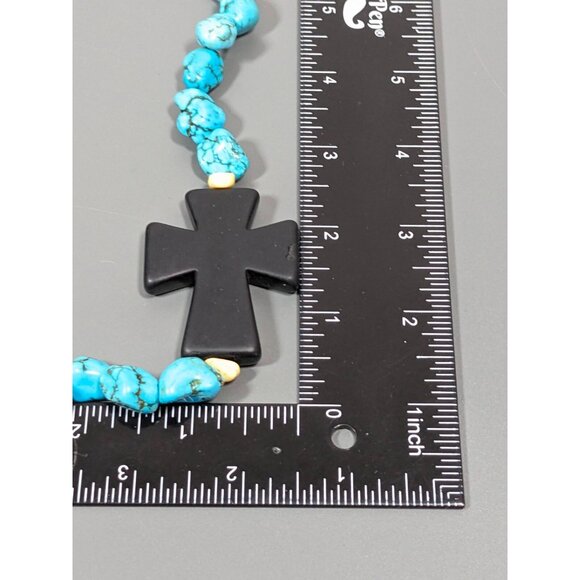 Beachy Coastal Blue Stone Faux Turquoise Black Cross Necklace Bold 20 in - Picture 11 of 12